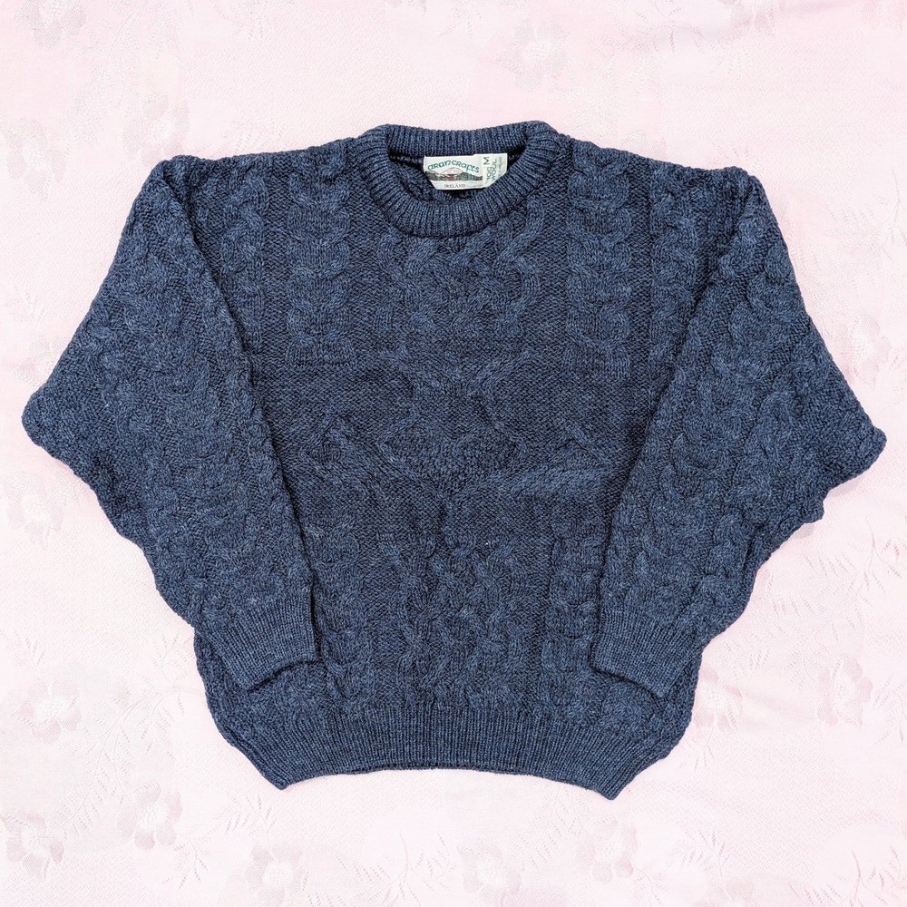 Aran Crafts Irish Wool Sweater Mens M Blue Cable Knit Fisherman‎ Ireland Chunky